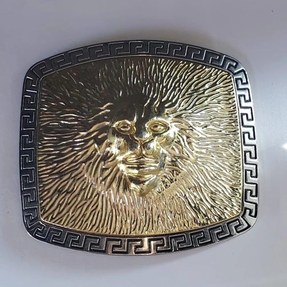 Lion Head Belt Buckle Two Tone Gold Silver Greek Key Border Statement Fashion